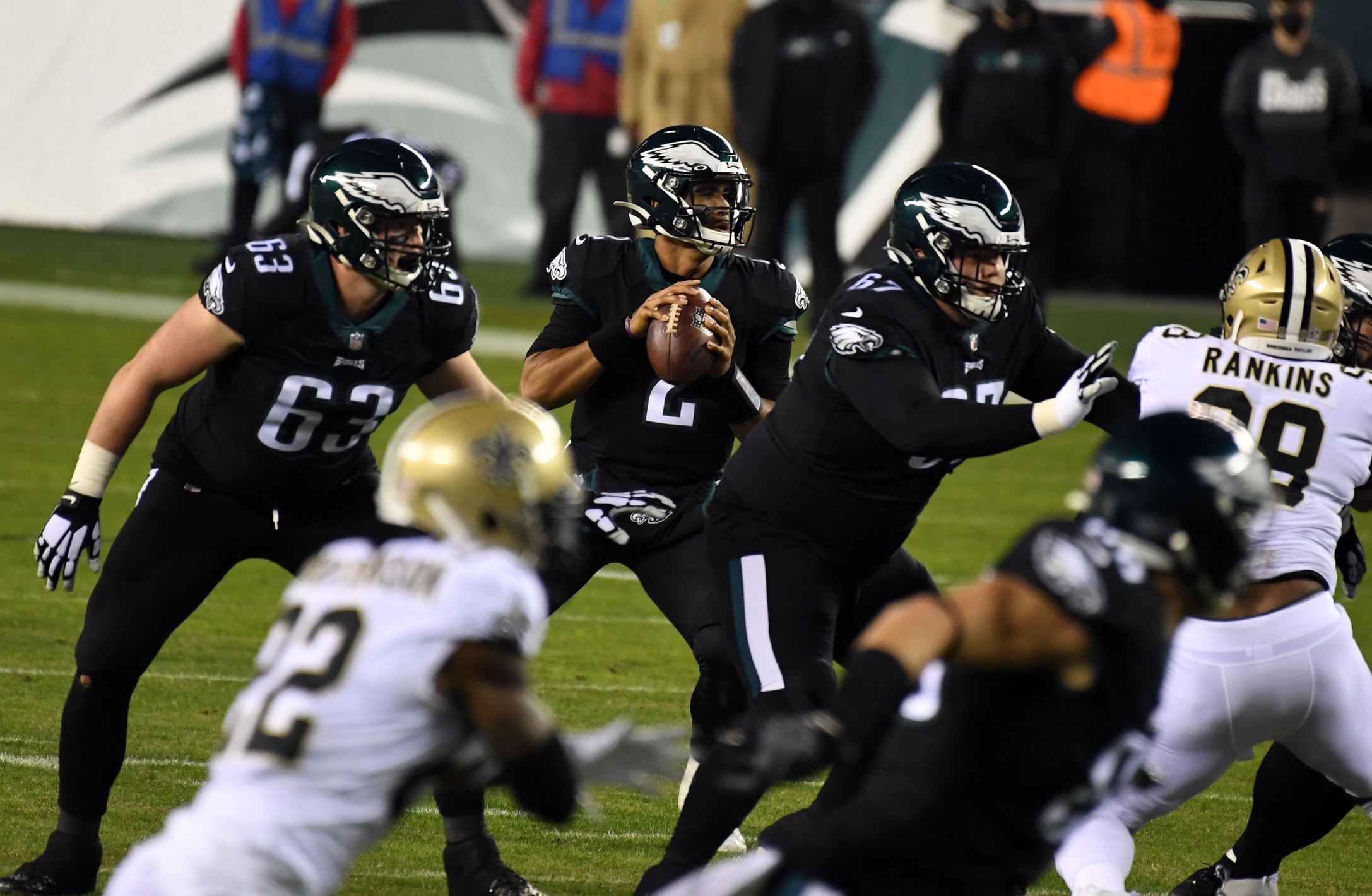 Philadelphia Eagles quarterback Jalen Hurts (2) looks to pass against the New Orleans Saints. Mandatory Credit: James Lang-USA TODAY Sports